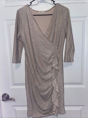 Shimmery Champagne Ruched Faux-Wrap Midi Dress